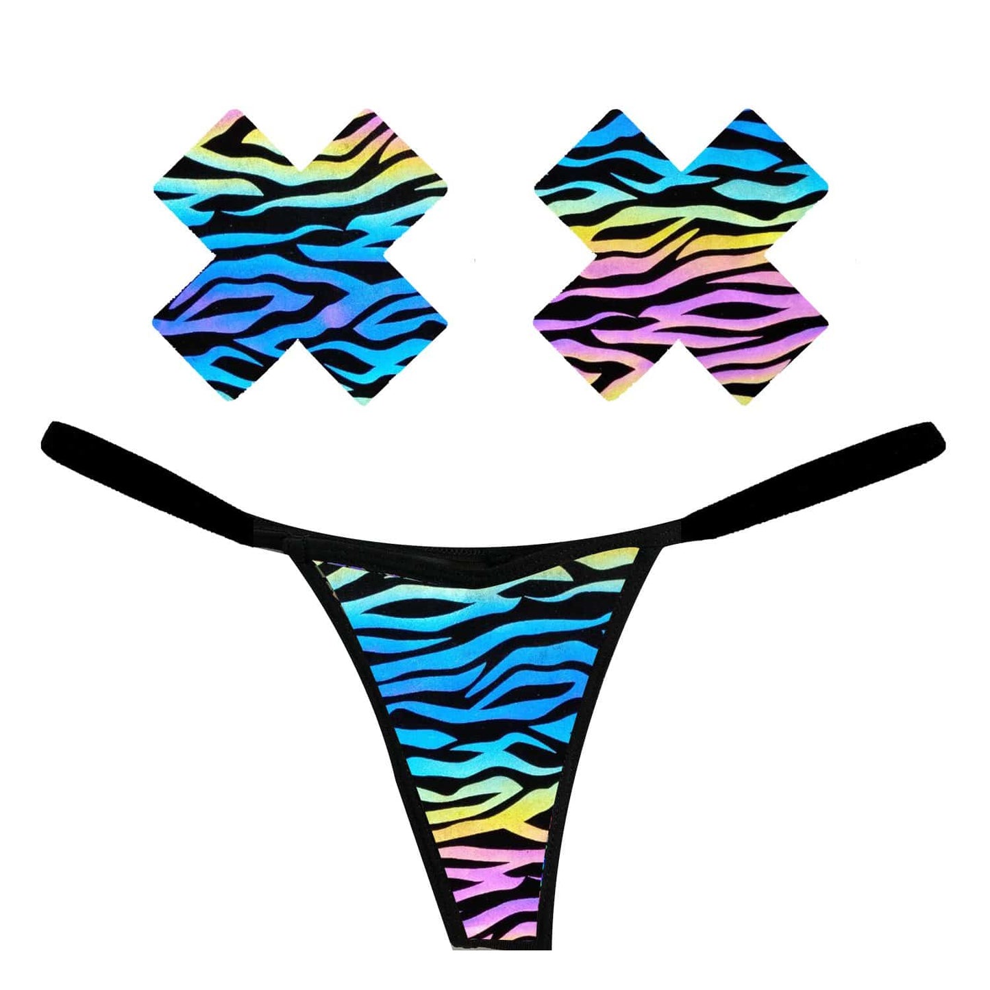 Neva Nude - Zombie Zebra Rainbow Reflective Pastie and Pantie Lingerie Set