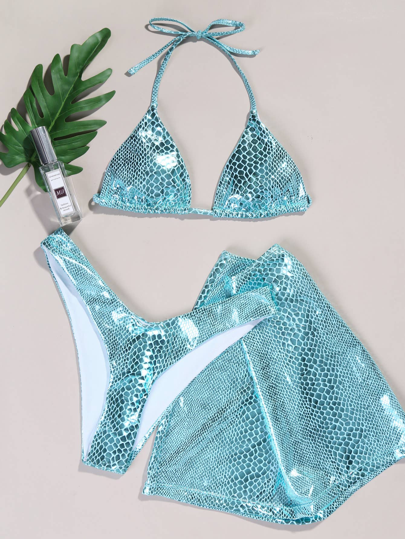 3-Piece Metallic Snake Print  Bikini Swimsuits with Cover Up