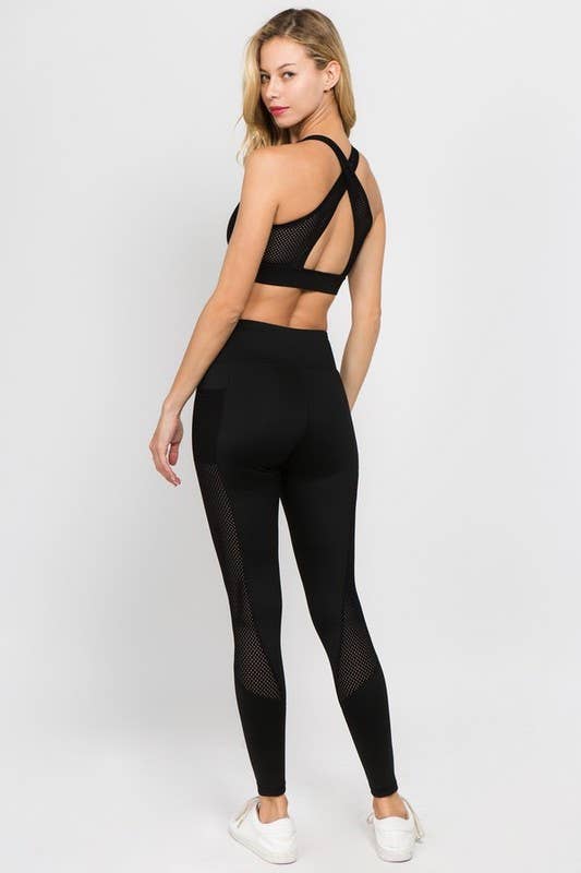 Yelete - Active Jersey Mesh Striped 3-Pocket Leggings 1203
