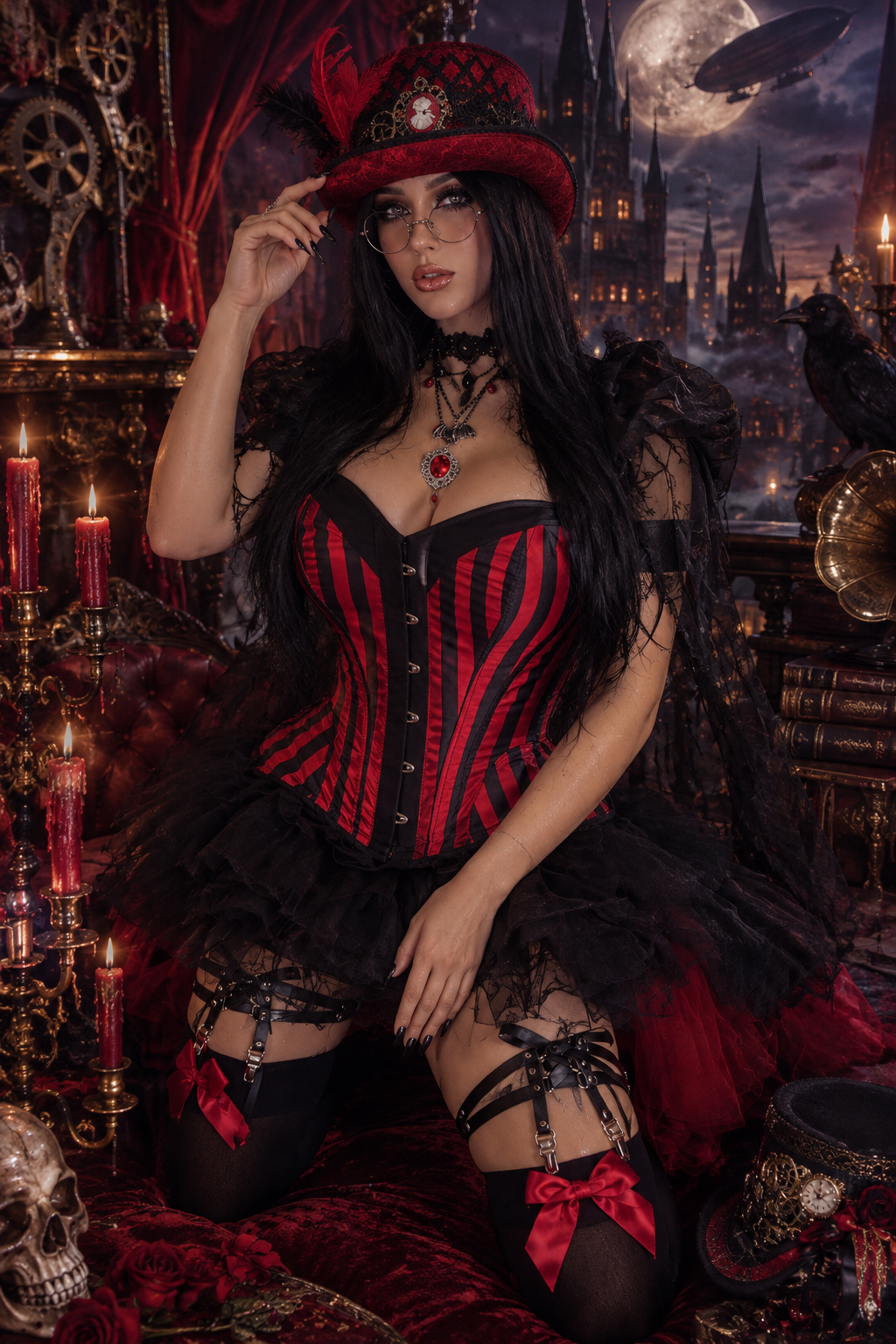 Crimson Cabaret Queen – Steel-Boned Corset Halloween Costume