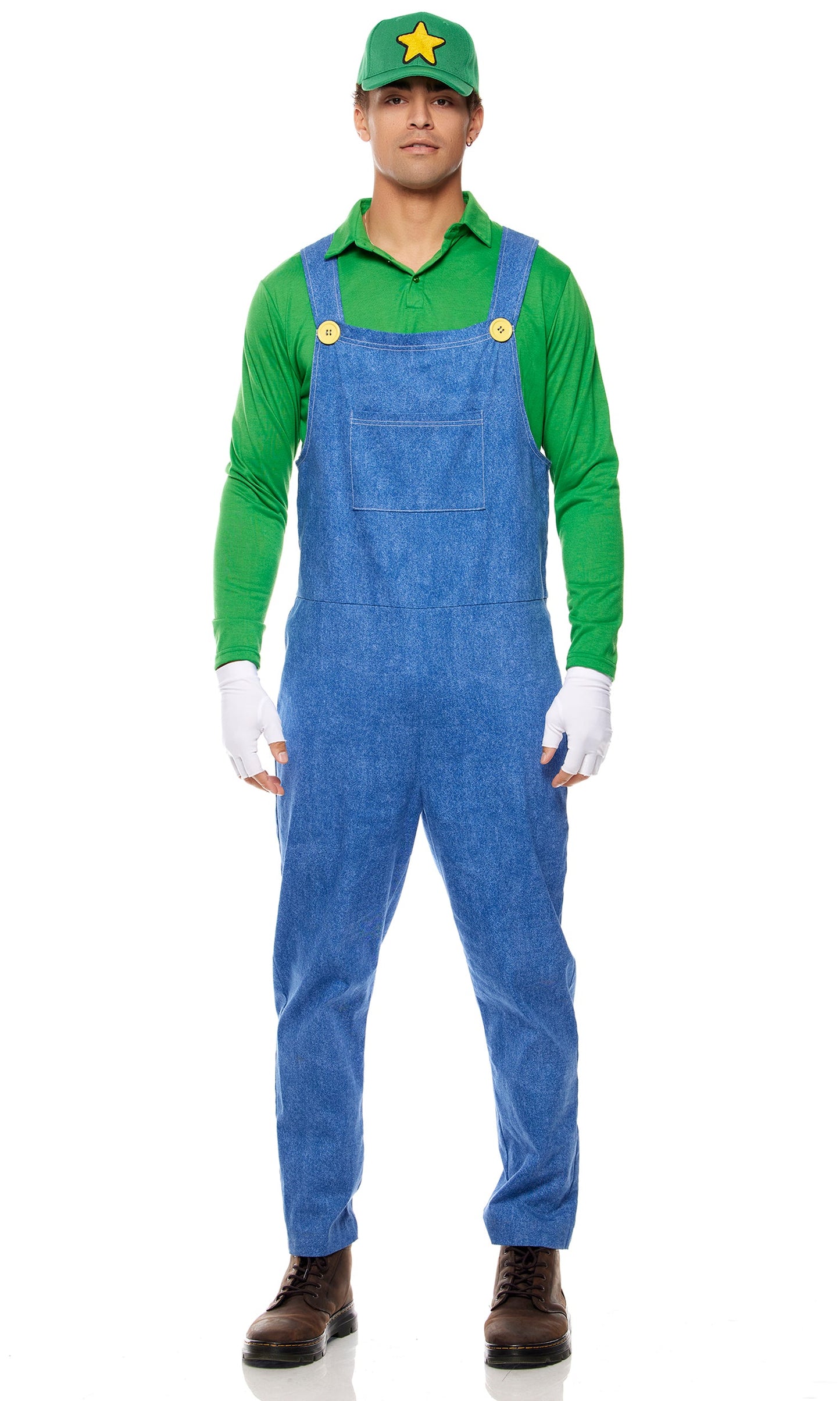 Epic Gamer Green Overalls Costume Set - Long-Sleeve Shirt, Hat, Gloves