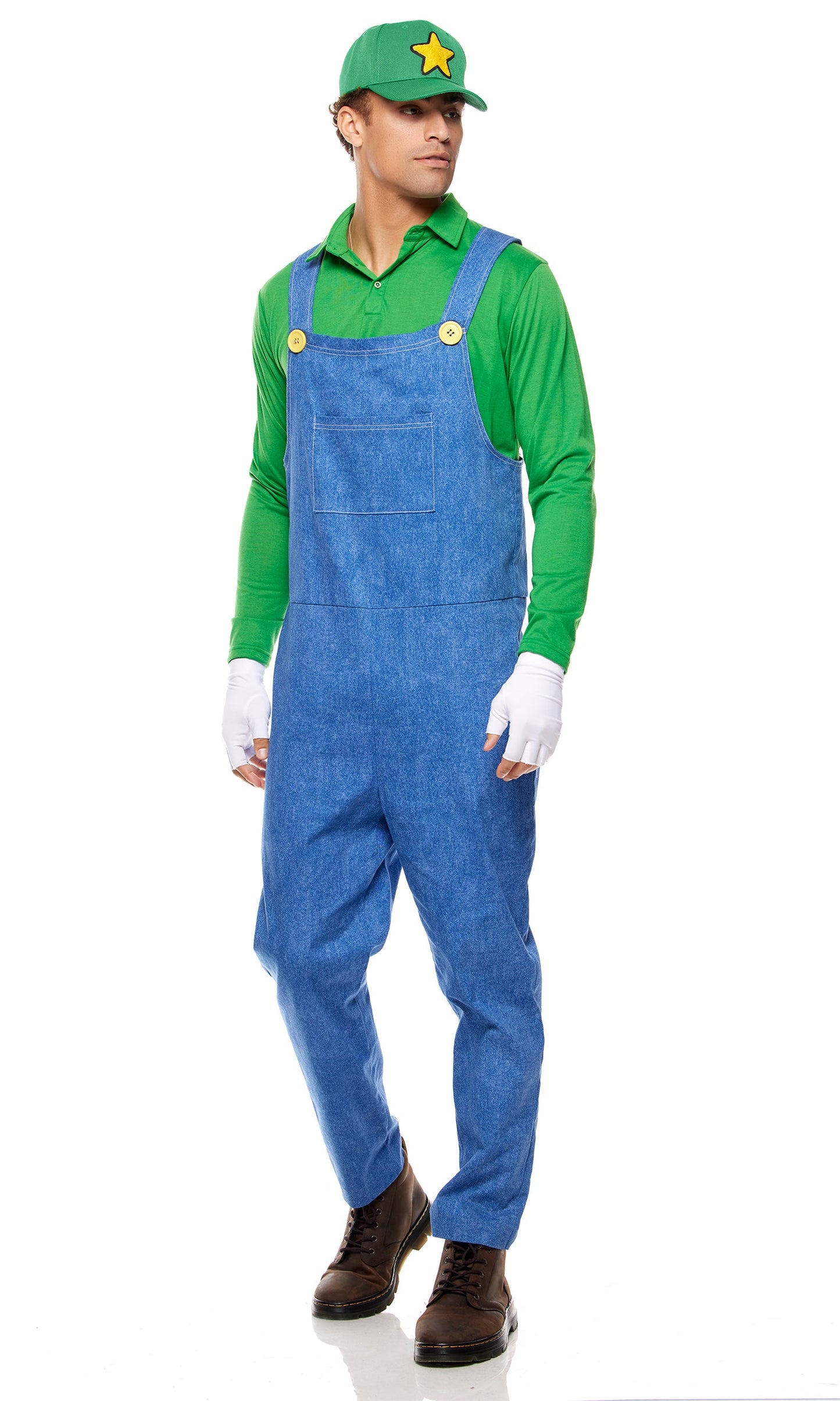 Epic Gamer Green Overalls Costume Set - Long-Sleeve Shirt, Hat, Gloves