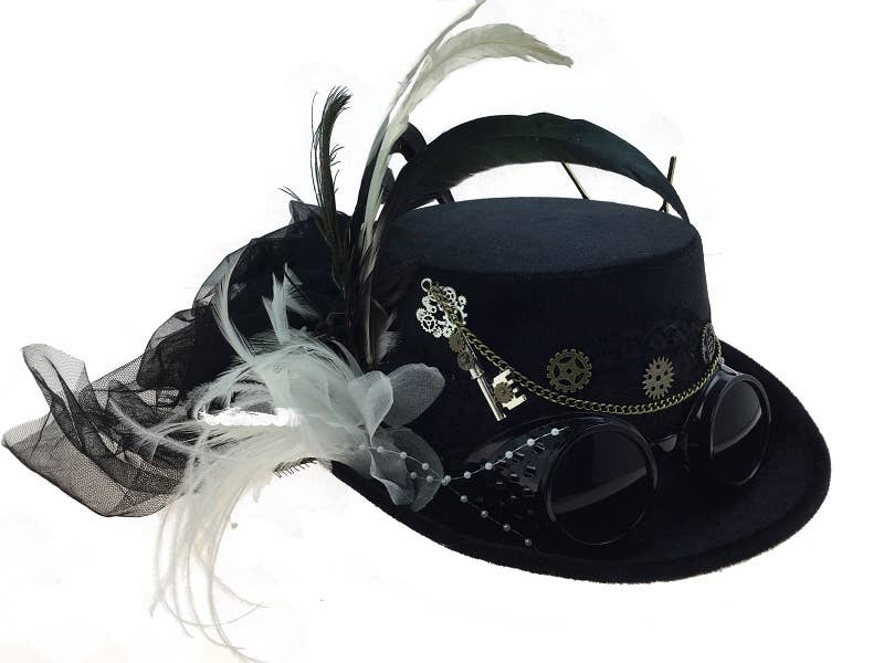 KBW Global Corp. - Black Steampunk Feather Top Hat