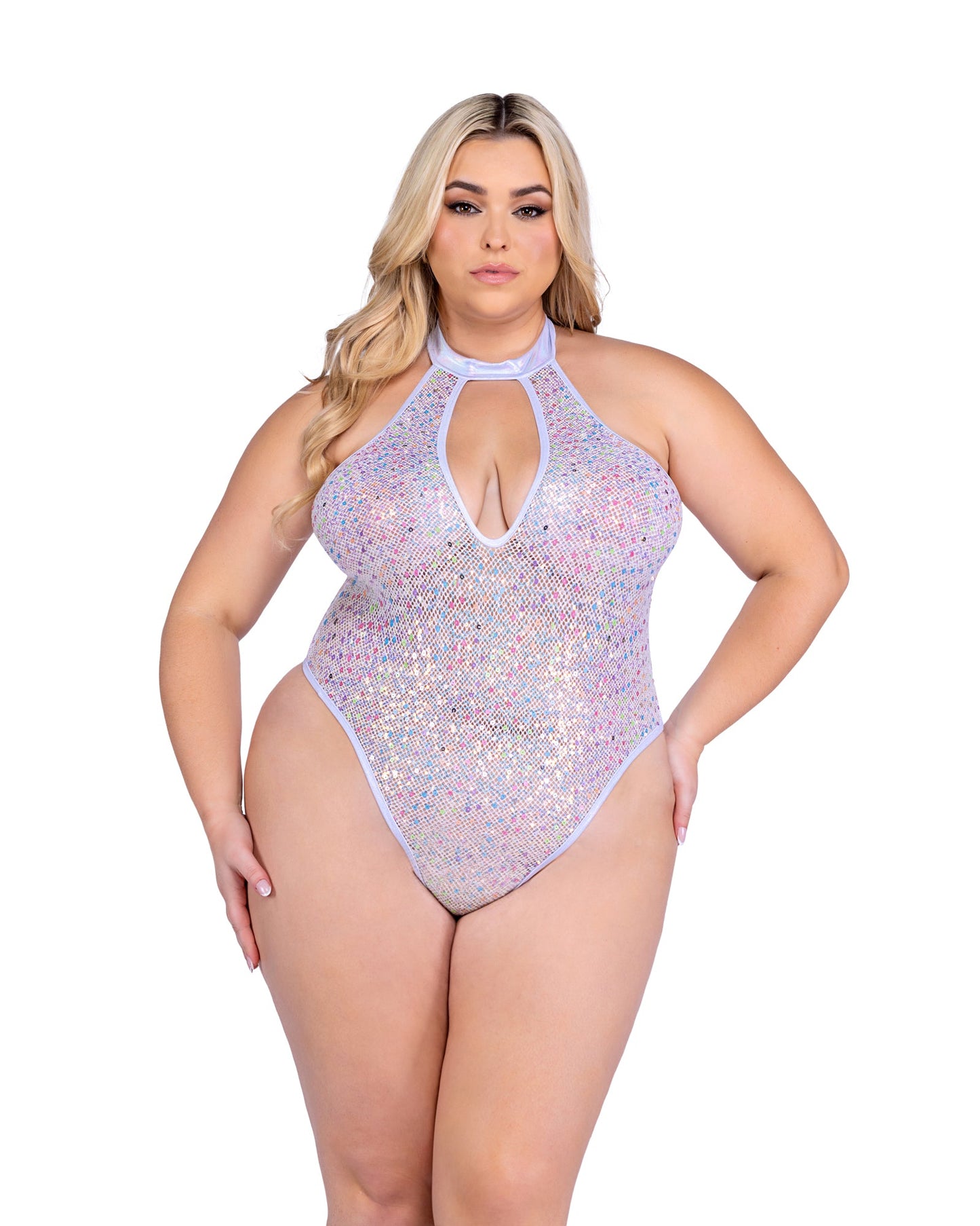 6431 - Sequin Fishnet Keyhole Romper