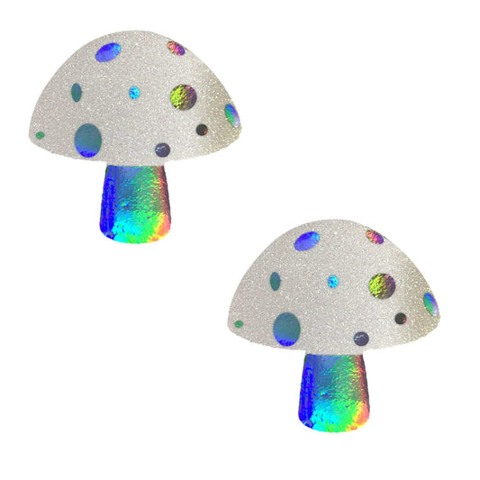 Alice Down The Rabbit Holographic White Glitter Shroom Nipple Cover Pasties