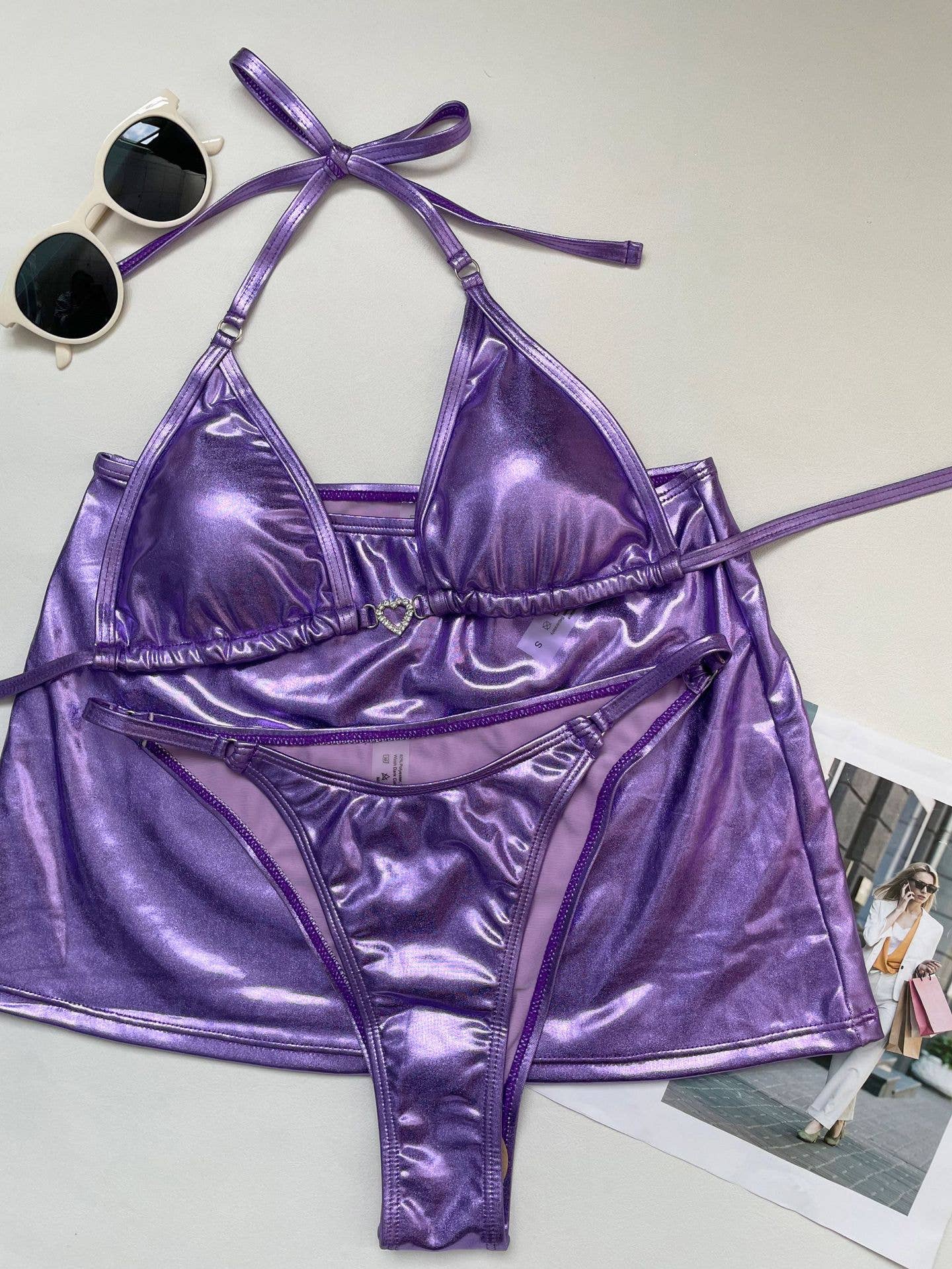 3-Piece Metallic Color  Bikini Swimsuits with Cover Up