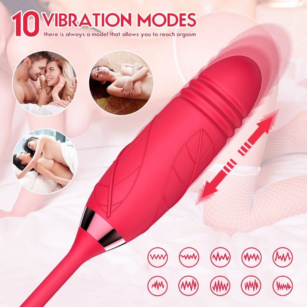 10 Function Rose Vibrator with Thrusting Bullet