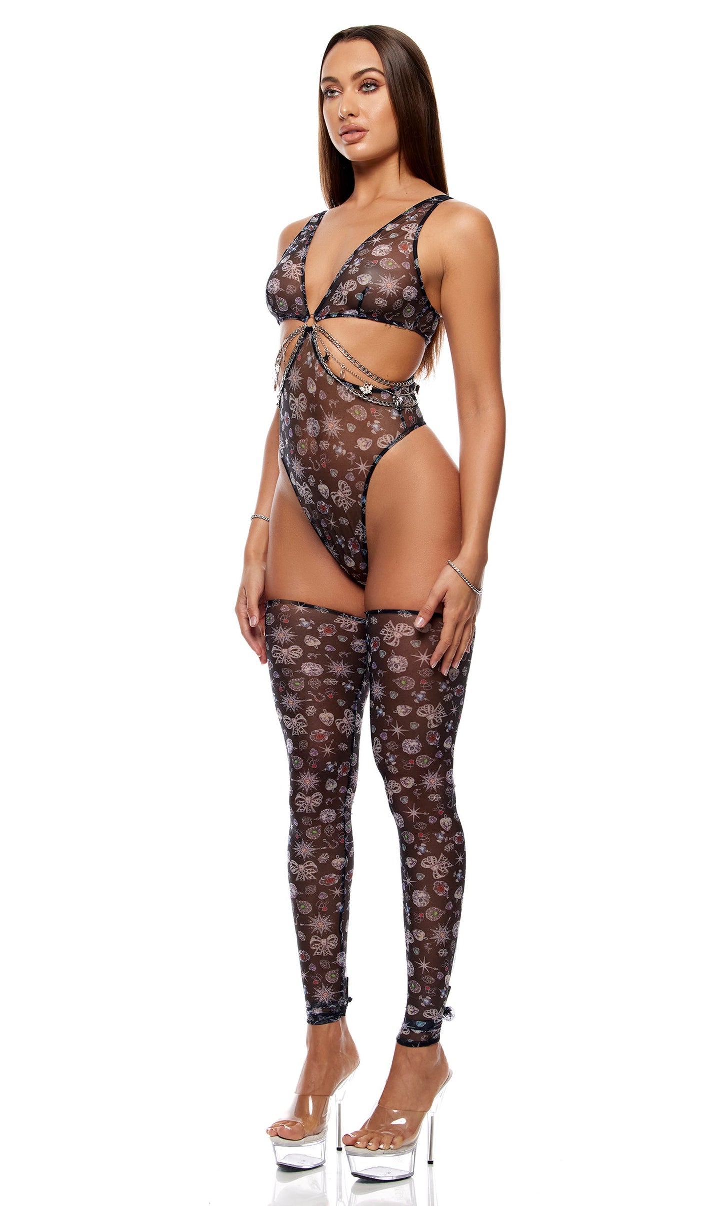 Sheer Charm Mesh and Chains Teddy Lingerie Set - Black