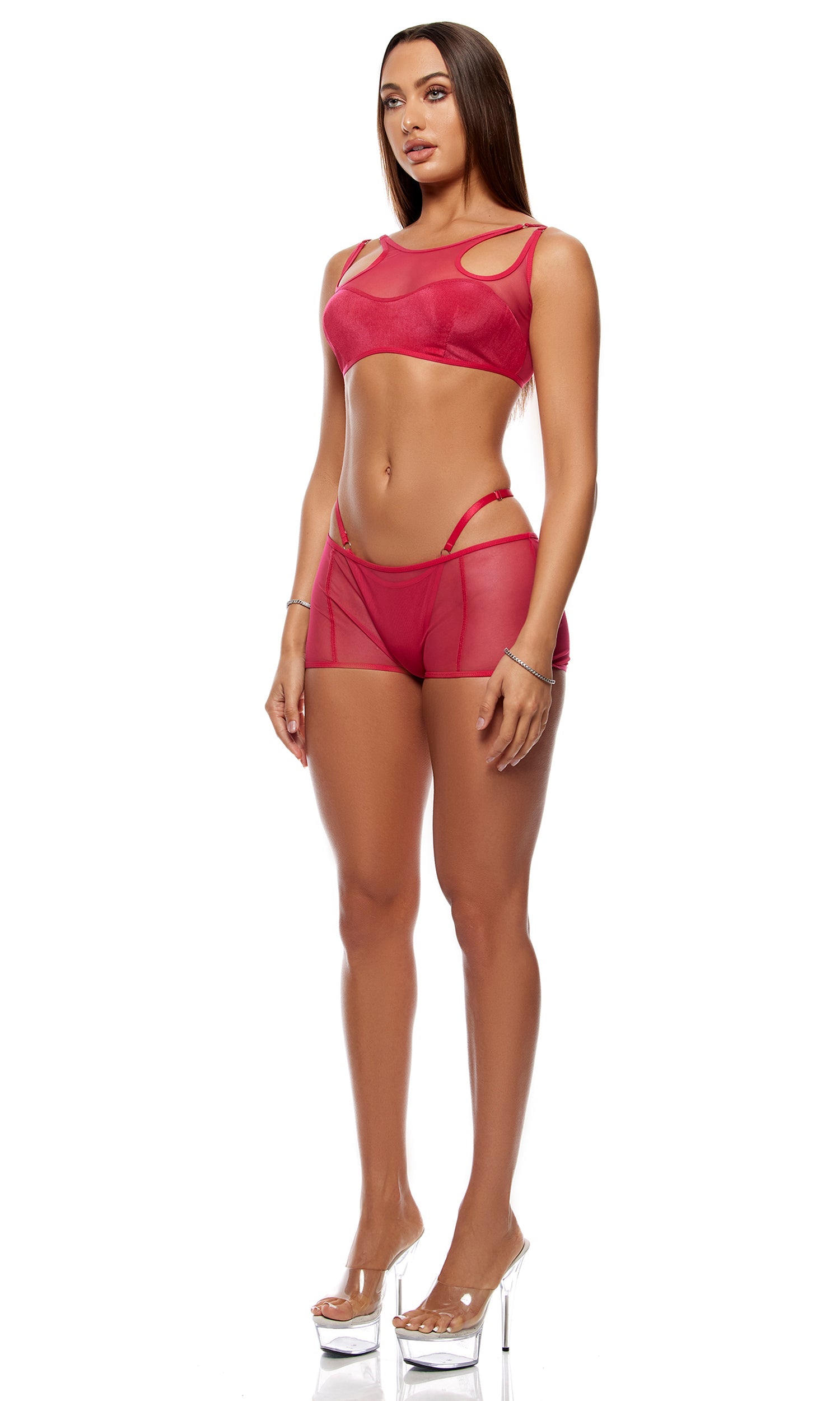 Layers To This Mesh and Knit Bra Top and Shorts Lingerie Set - Pink
