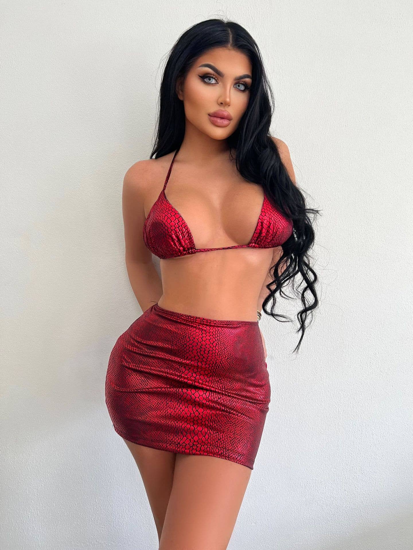 3-Piece Metallic Snake Print  Bikini Swimsuits with Cover Up
