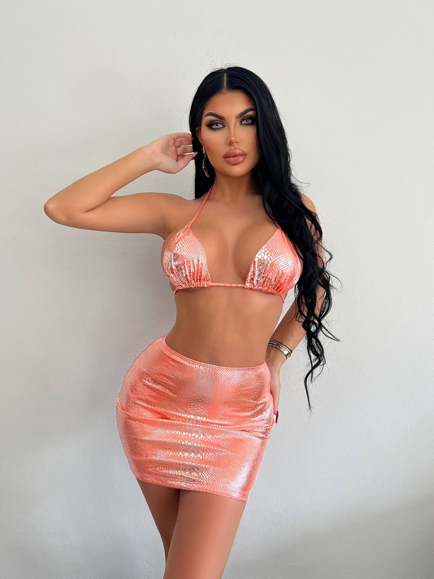 3-Piece Metallic Snake Print  Bikini Swimsuits with Cover Up