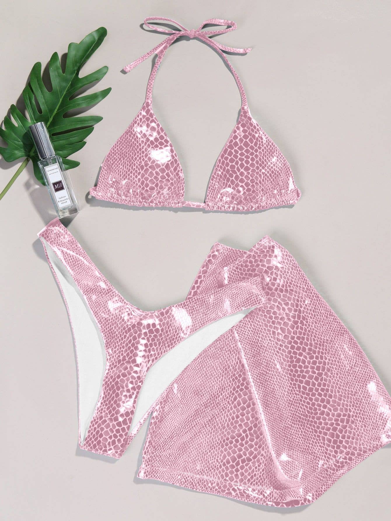3-Piece Metallic Snake Print  Bikini Swimsuits with Cover Up