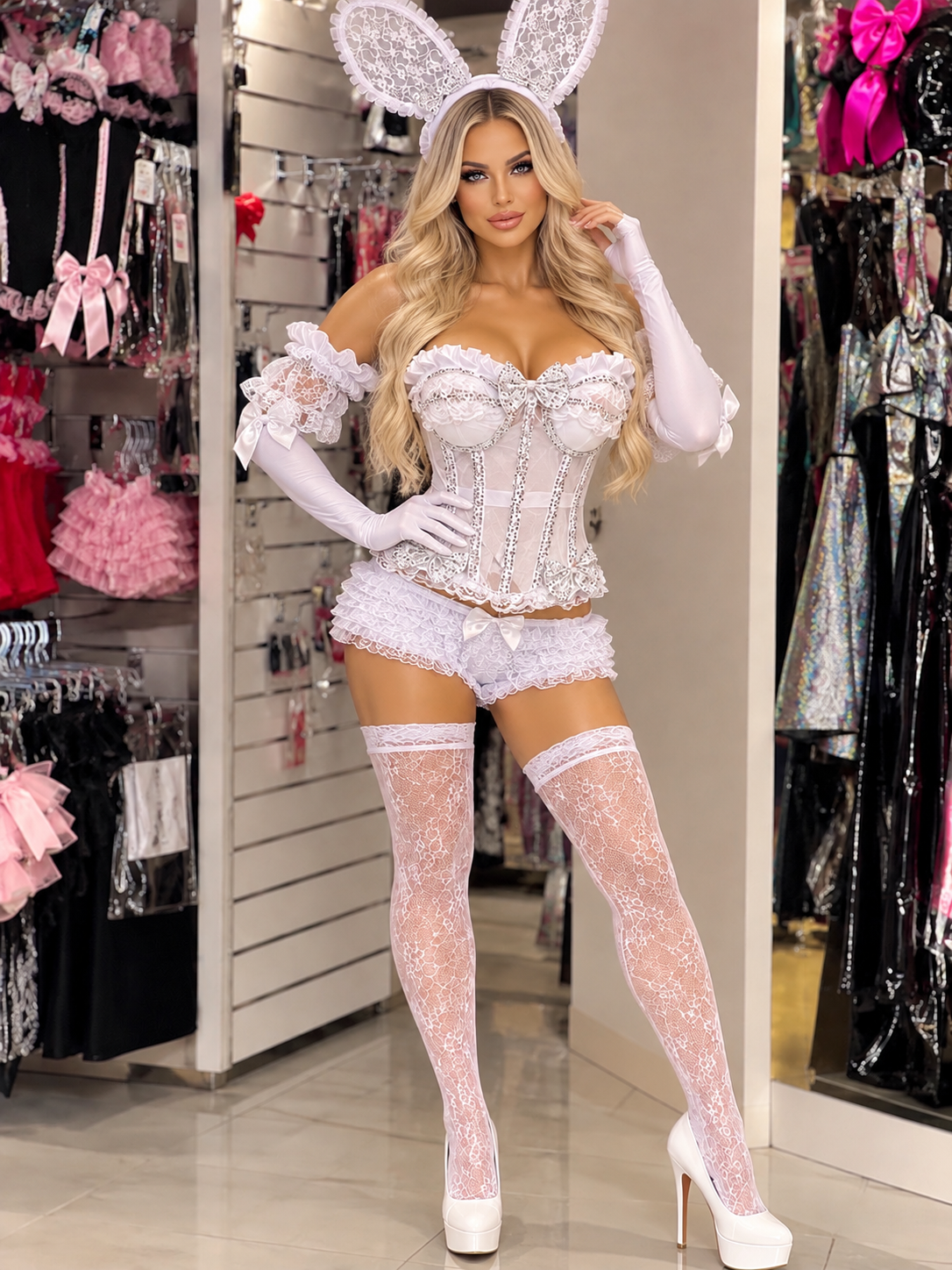 Snow Bunny Bombshell – White Lace Bunny Costume