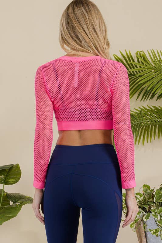 Yelete - Long Sleeve Fishnet Athleisure Crop Top