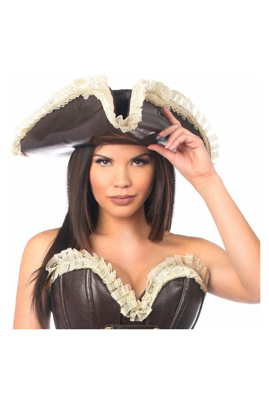 Dark Brown Distressed Faux Leather w/Cream Lace Pirate Hat