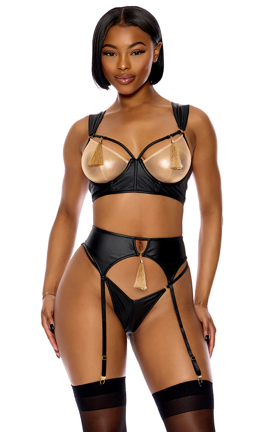 Show Stopper Metallic Mesh Garter Lingerie Set - Black Gold