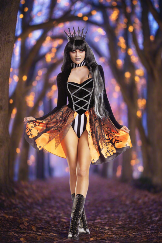 Halloween Queen Bodysuit with Attached Skirt & Crown Womenâ€™s Costume