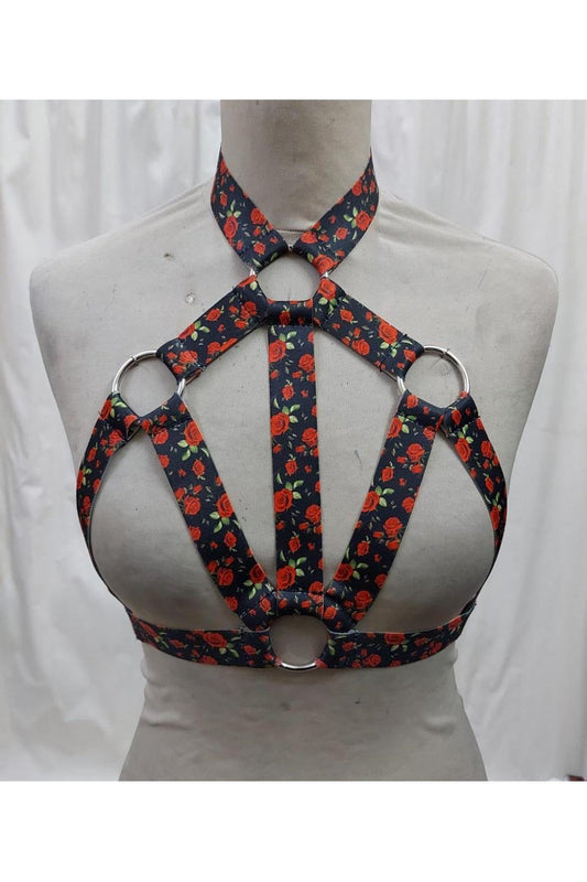 Red Roses Stretchy Body Harness w/Silver Hardware