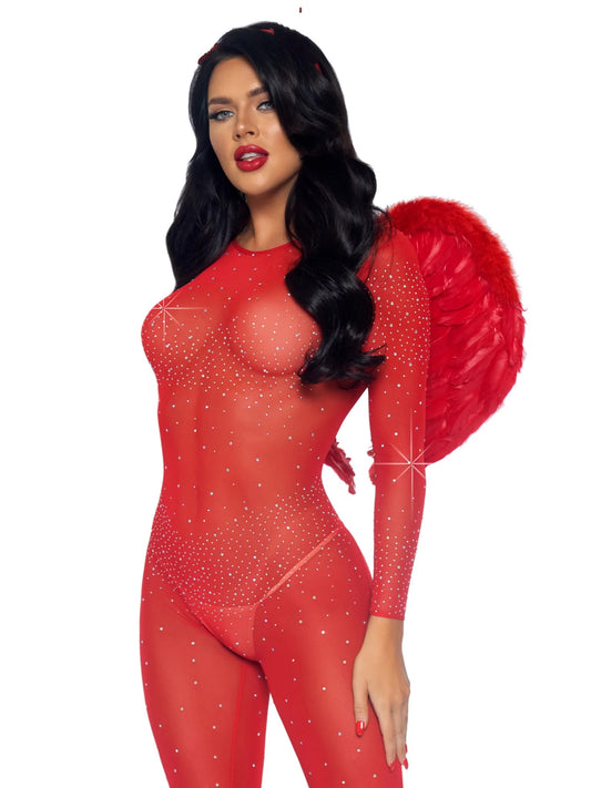Red Sheer Angel Catsuit with Rhinestones and wings