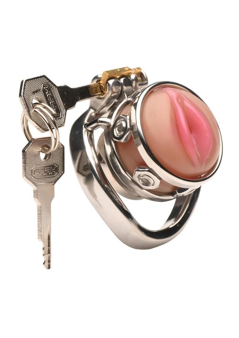 Pussy Boy Metal Chastity Cage Stainless Steel - Silver/Vanilla