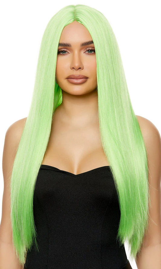 Unisex light green straight long length synthetic wig.