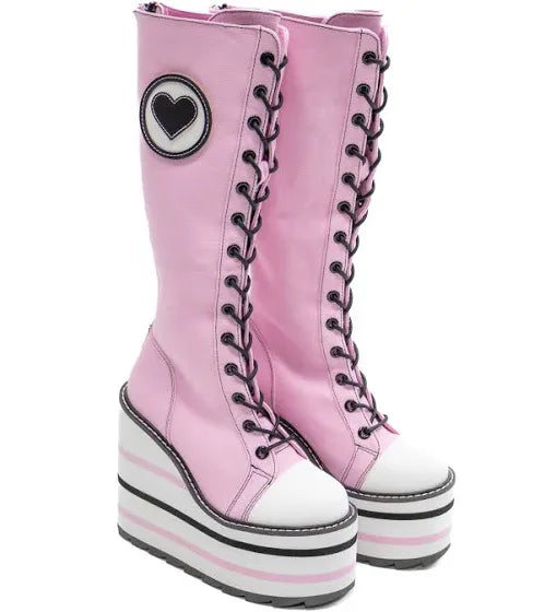 Pink Heart Chunky Platform Boots