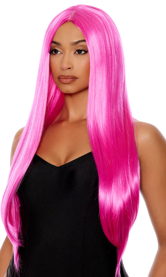 Hot Pink straight long length synthetic wig.