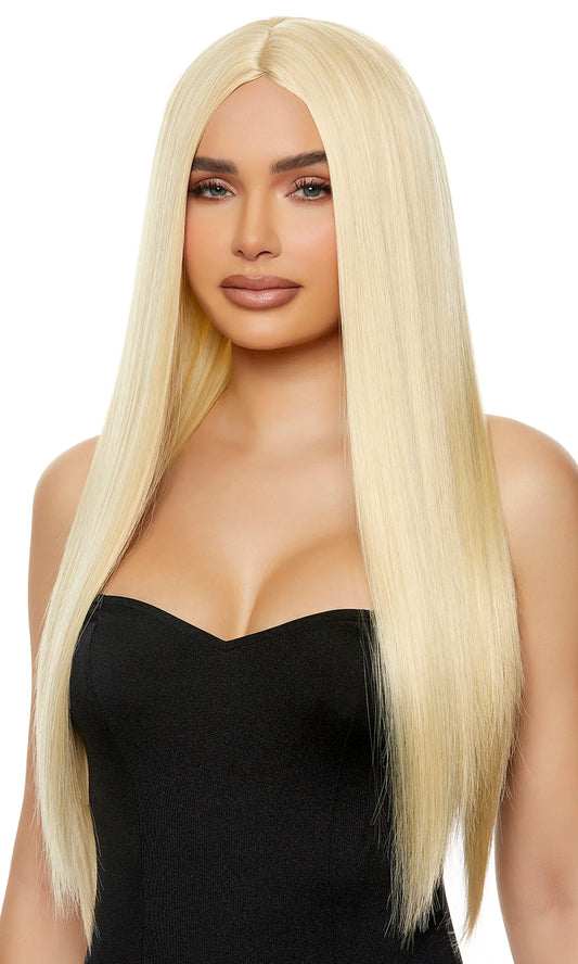 Blonde straight long length synthetic wig.