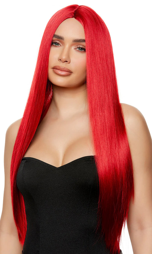 Red  straight long length synthetic wig.