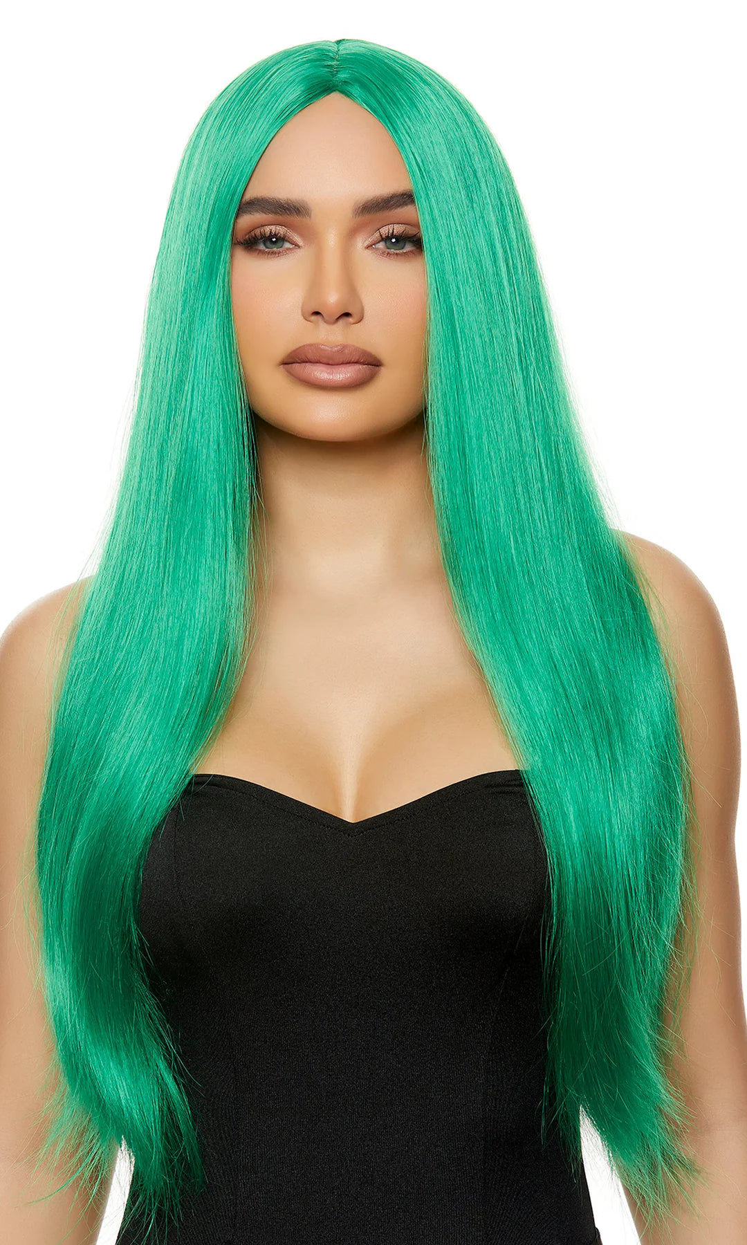 Green straight long length synthetic wig.