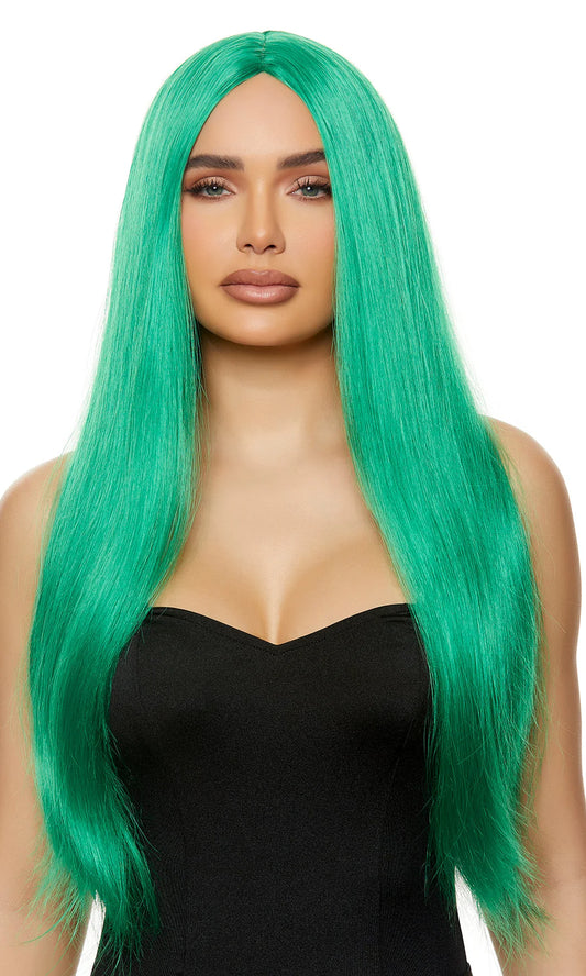 Green straight long length synthetic wig.