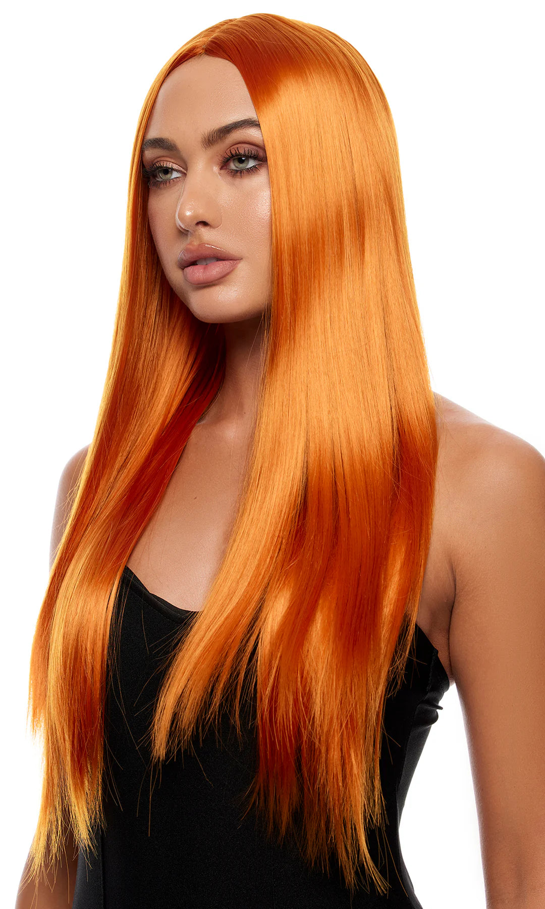 Ginger orange straight long length synthetic wig.