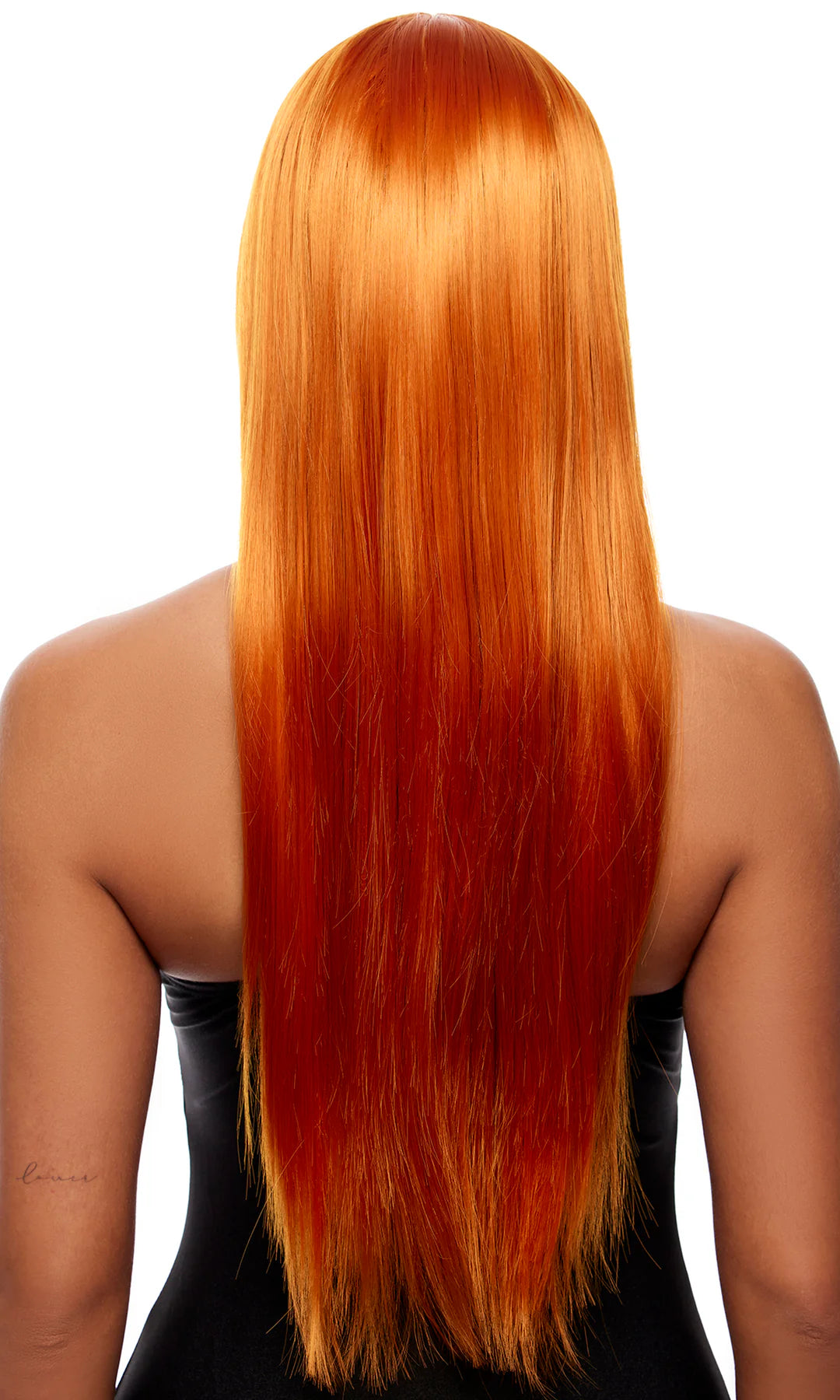 Ginger orange straight long length synthetic wig.