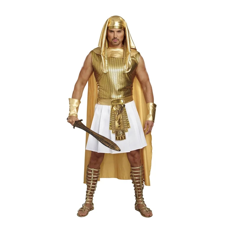 Person wearing an Egyptian warrior costume with gold armor and a white robe on a white background