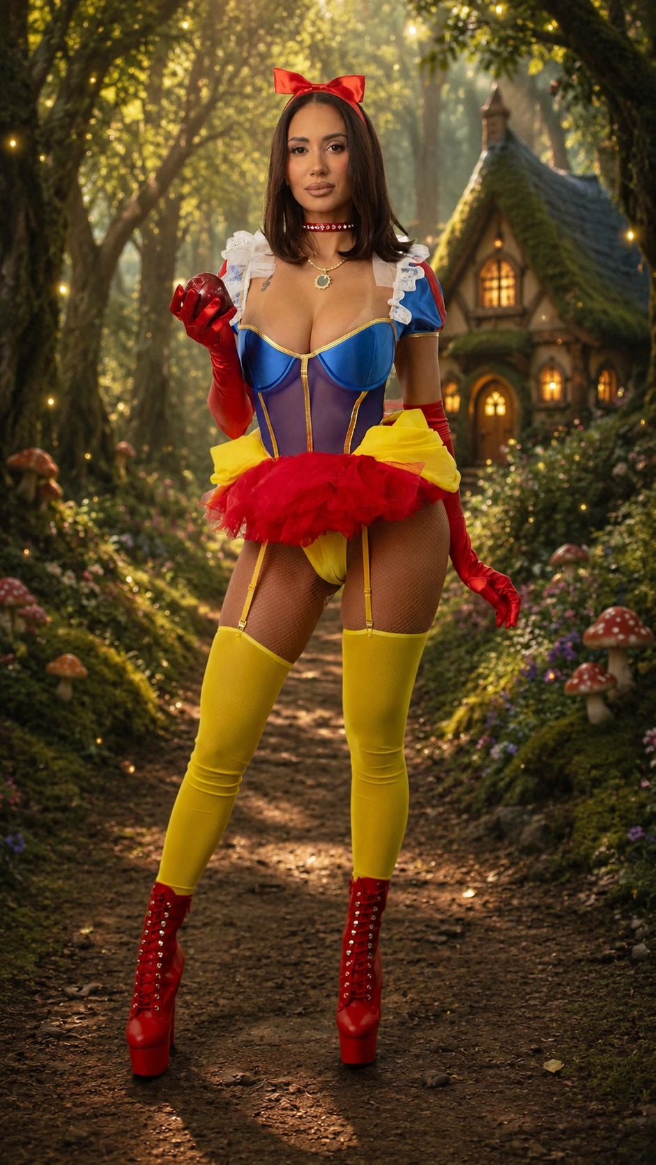 A woman stands on a forest path wearing a Snow White-inspired costume with a blue and purple bodice, red and yellow ruffled skirt, red gloves, yellow thigh-high stockings, and red platform boots. A fairy tale cottage and glowing trees are in the background.