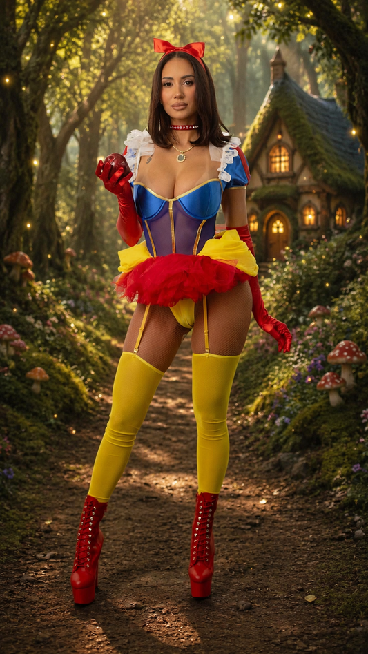 A woman stands on a forest path wearing a Snow White-inspired costume with a blue and purple bodice, red and yellow ruffled skirt, red gloves, yellow thigh-high stockings, and red platform boots. A fairy tale cottage and glowing trees are in the background.