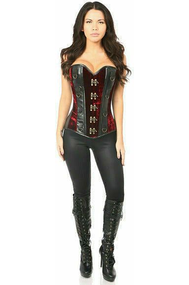 Top Drawer Red Velvet & Faux Leather Steel Boned Corset