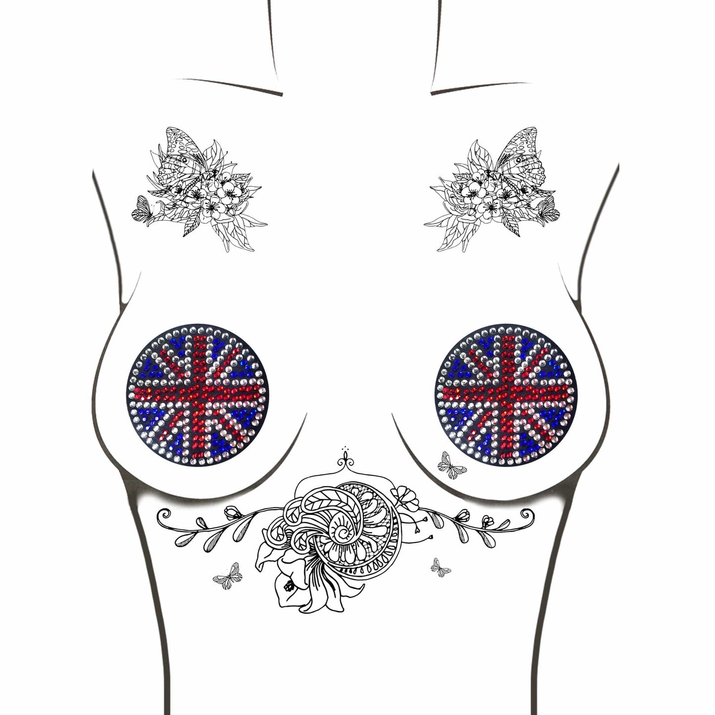 Neva Nude - YEAH BABY! Black Union Jack Crystal Reusable Silicone Nipple Cover Pasties