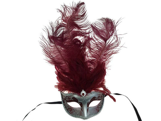 Burgundy Silver Venetian Mask With Feathers