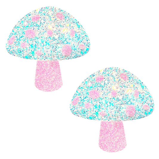Alice Down The Rabbit Hole Super Blacklight Pink and White Glitter Shroom Nipple Cover Pasties