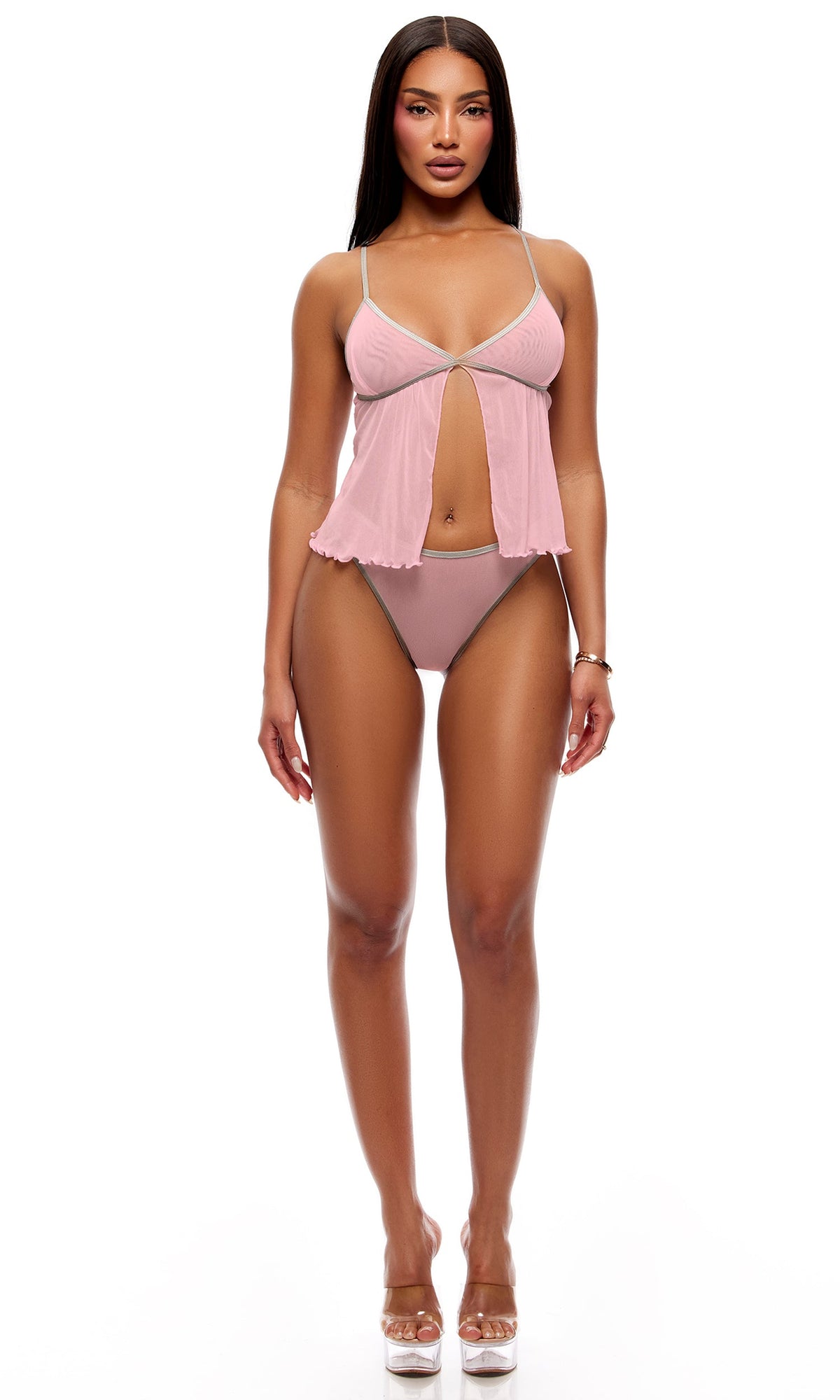 Home Body 2-Piece Sheer Mesh Babydoll Cami Set - Pink