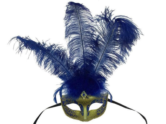 Blue Gold Venetian Mask With Feathers