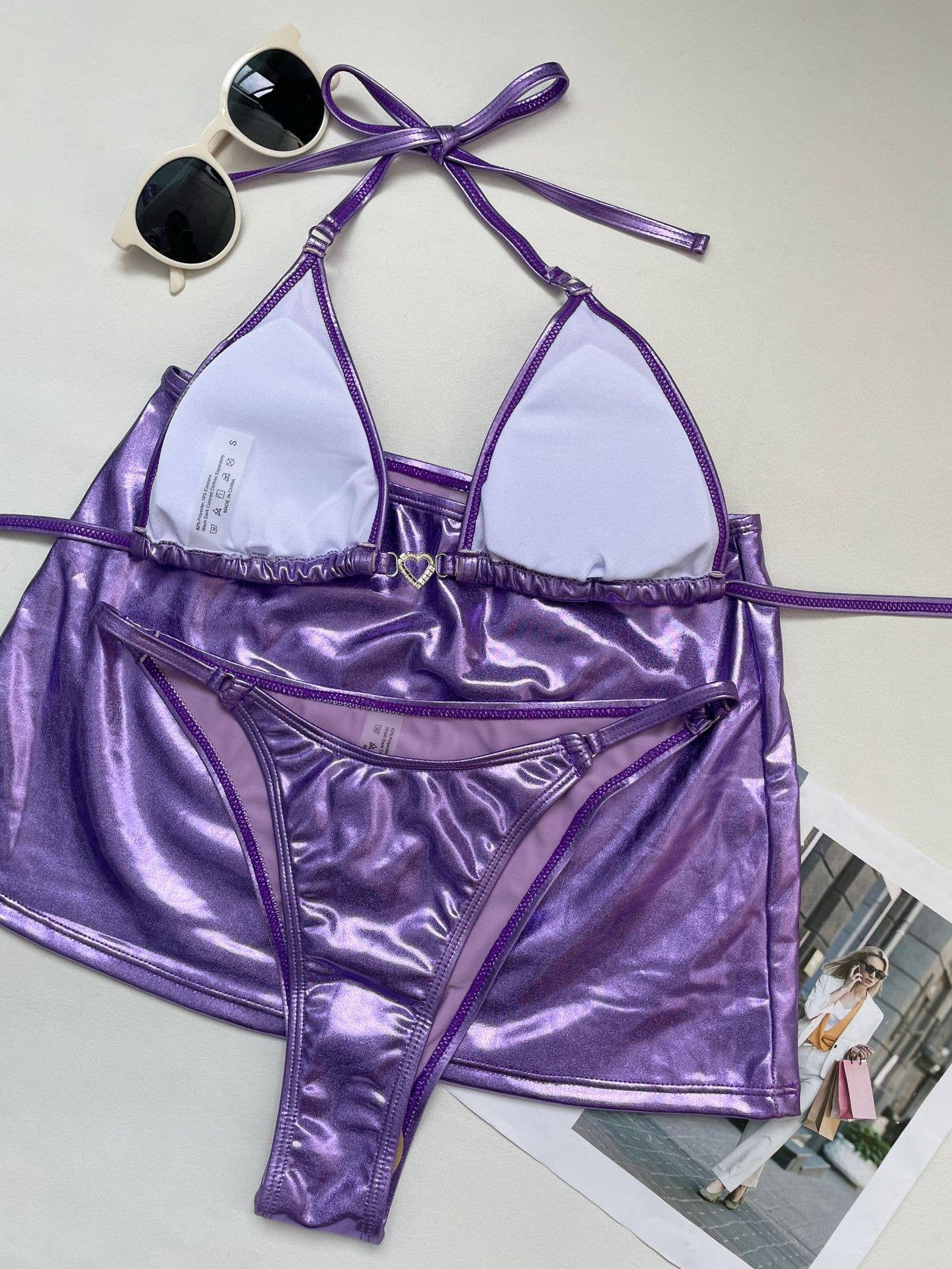 3-Piece Metallic Color  Bikini Swimsuits with Cover Up