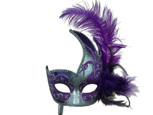 Purple Silver Venetian Mask With Stick