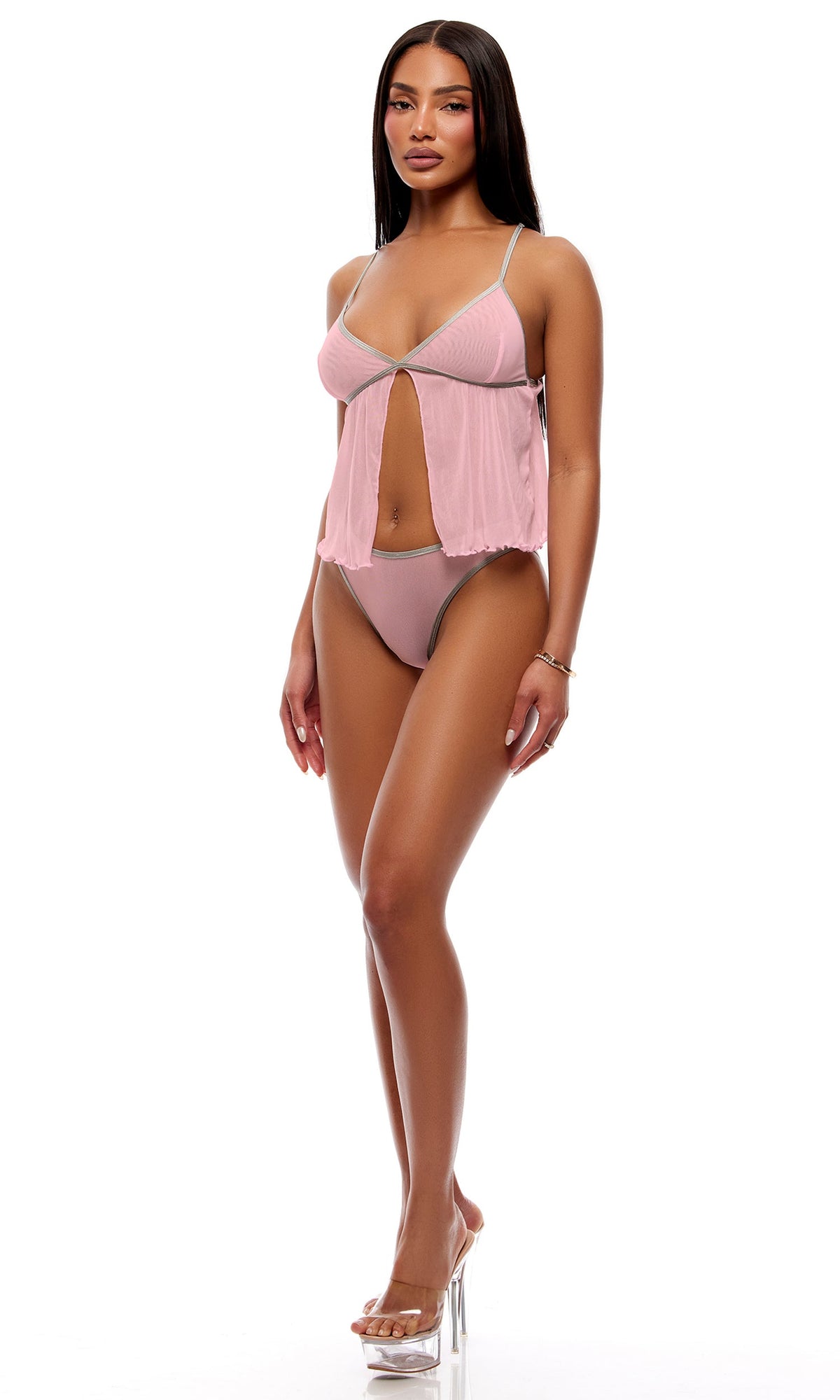 Home Body 2-Piece Sheer Mesh Babydoll Cami Set - Pink