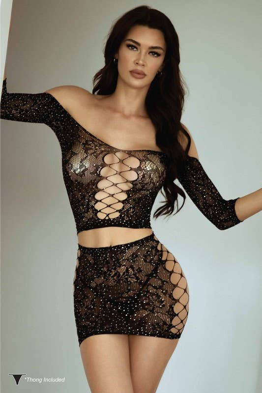 Yelete - Two-Piece Rhinestone Bodystocking Set W/ Thong