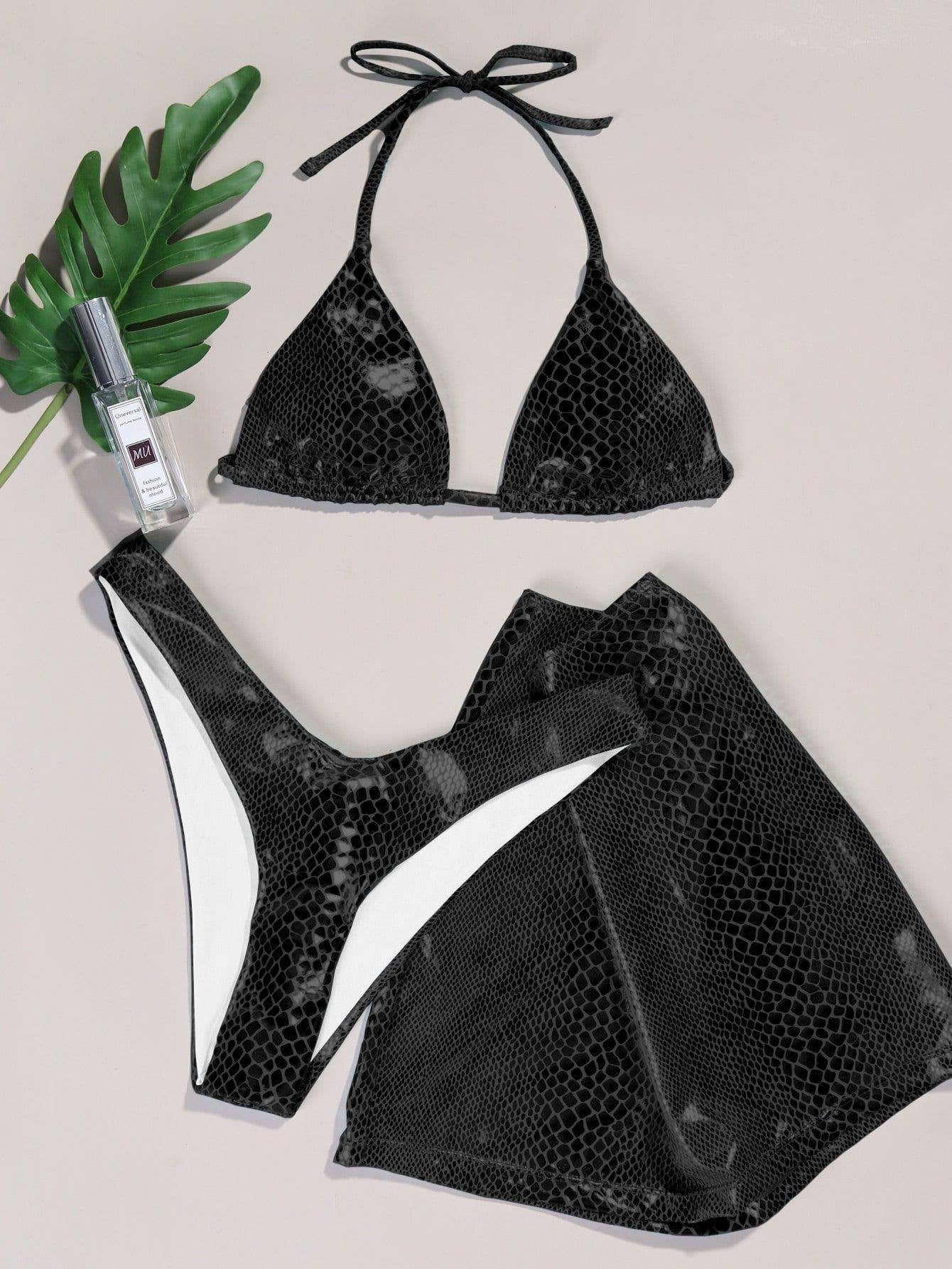 3-Piece Metallic Snake Print  Bikini Swimsuits with Cover Up