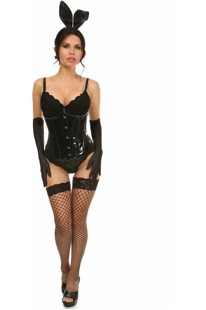 Lavish Black Vinyl Bunny Corset Costume 4-Piece Set with Ears & Tail