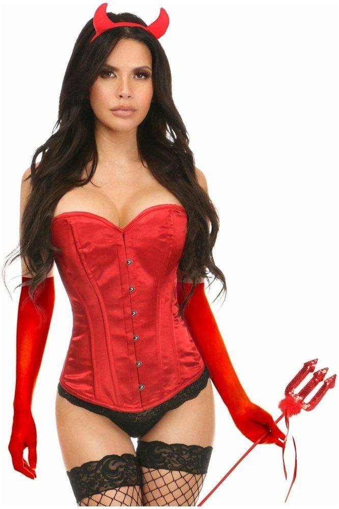 Lavish 4-Piece Daring Devil Corset Costume Set: Red Satin & Accessories