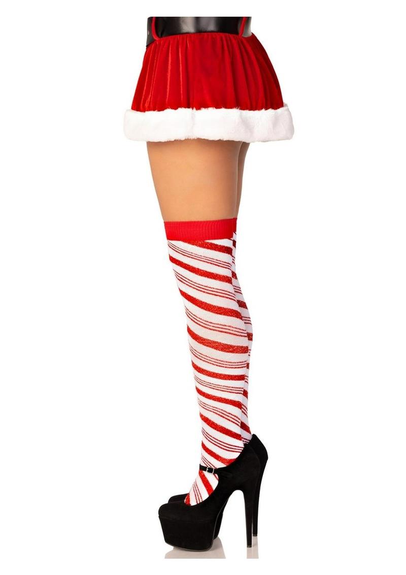 Leg Avenue Candy Cane Lurex Striped Over The Knee Socks - White - One Size